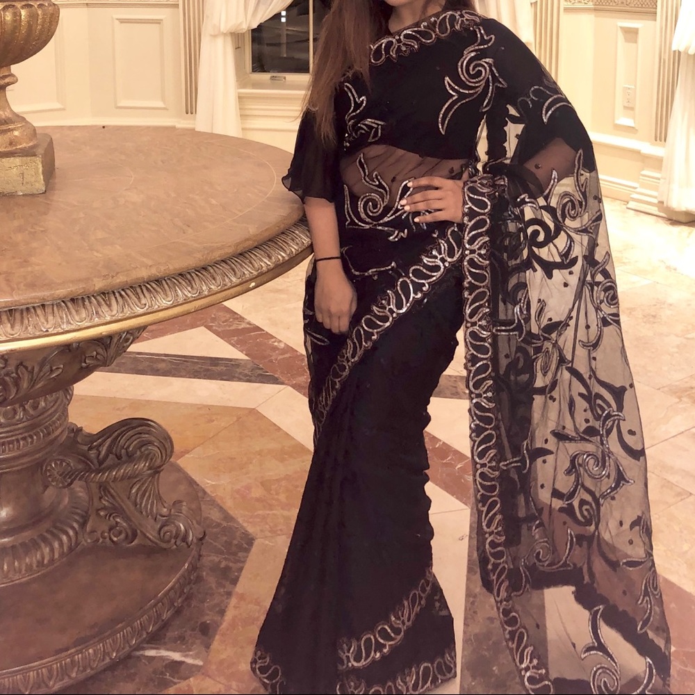 Black and gold saree set